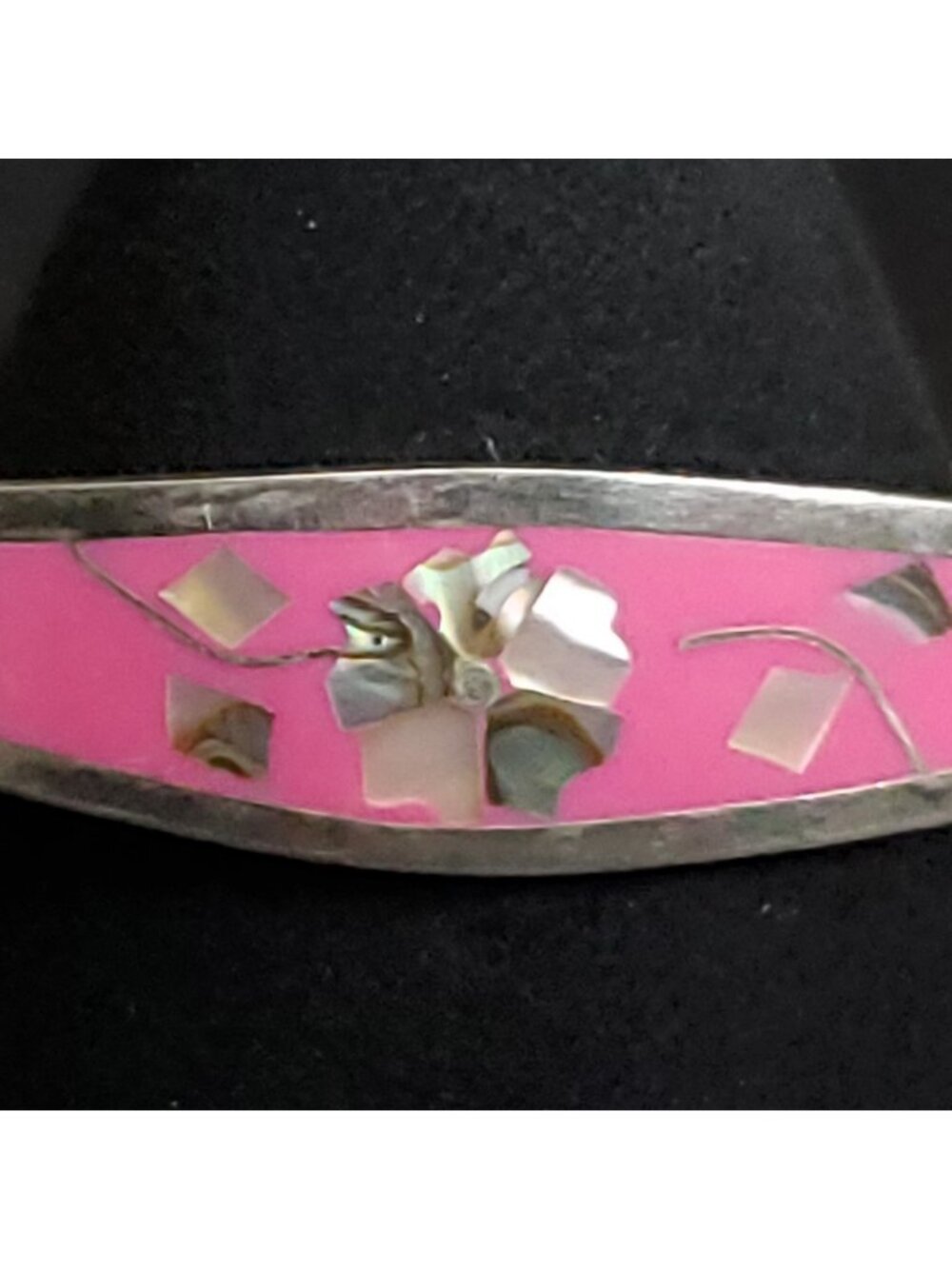 Vintage Alpaca Bracelet Pink Enamel Abalone Flower Bangle Silver Tone 6.5"
